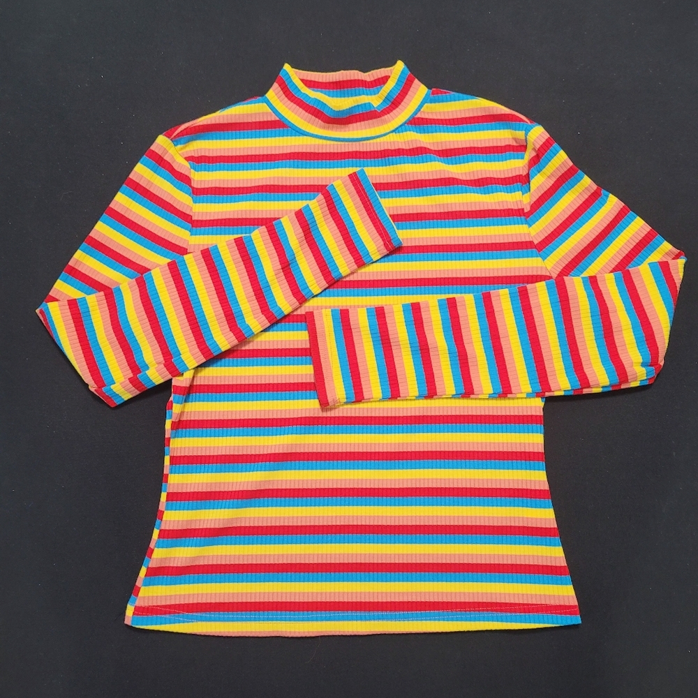 Ribbed Mockneck Fitted Rainbow Top